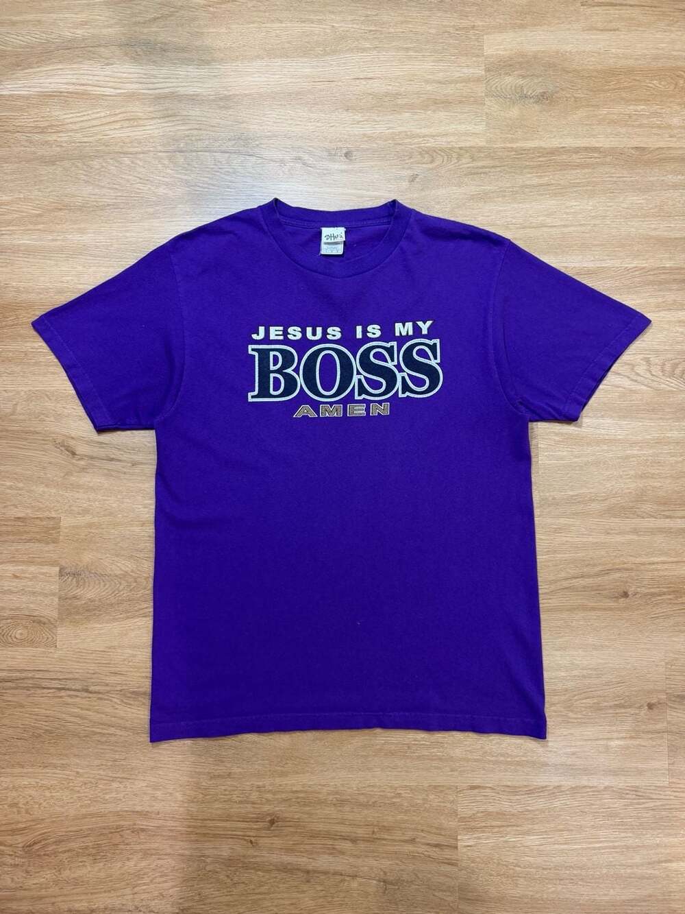 00s Purple Shaka Active “Jesus Is My Boss, Amen” Tee